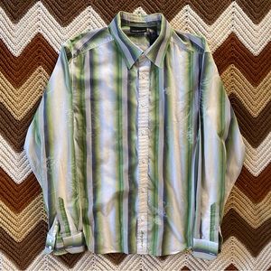 Vintage Y2K green striped logo DKNY button down shirt size XL